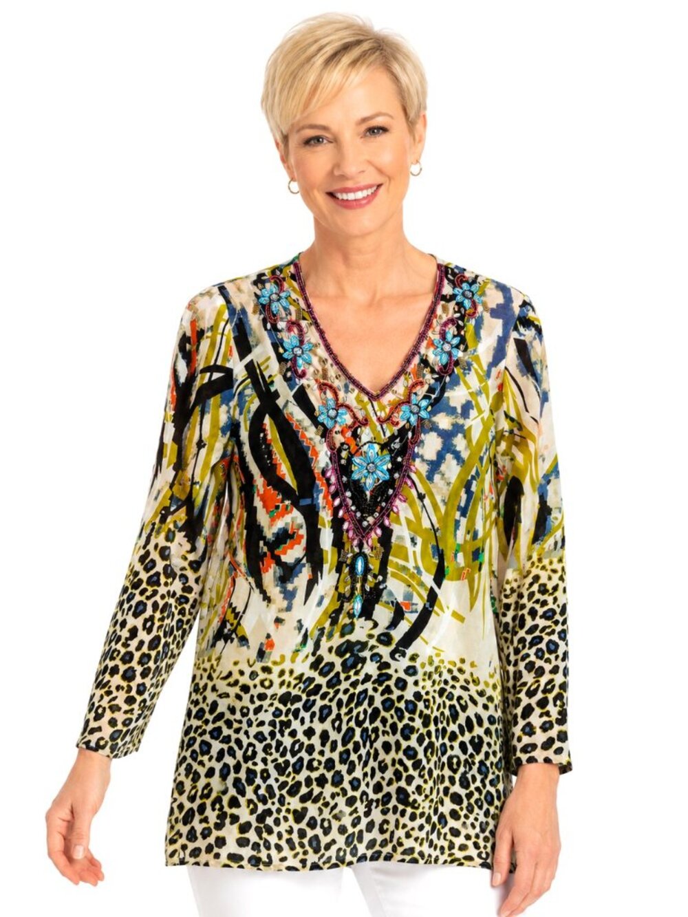 Neiman Marcus Multicolor Embellished V-Neck Tunic Top
